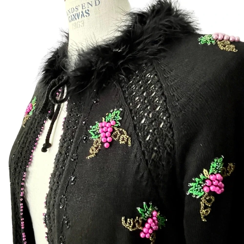 Just Be Black Beaded Faux Fur Collar Open Cardigan Sz S-M Tassel Tie Closure